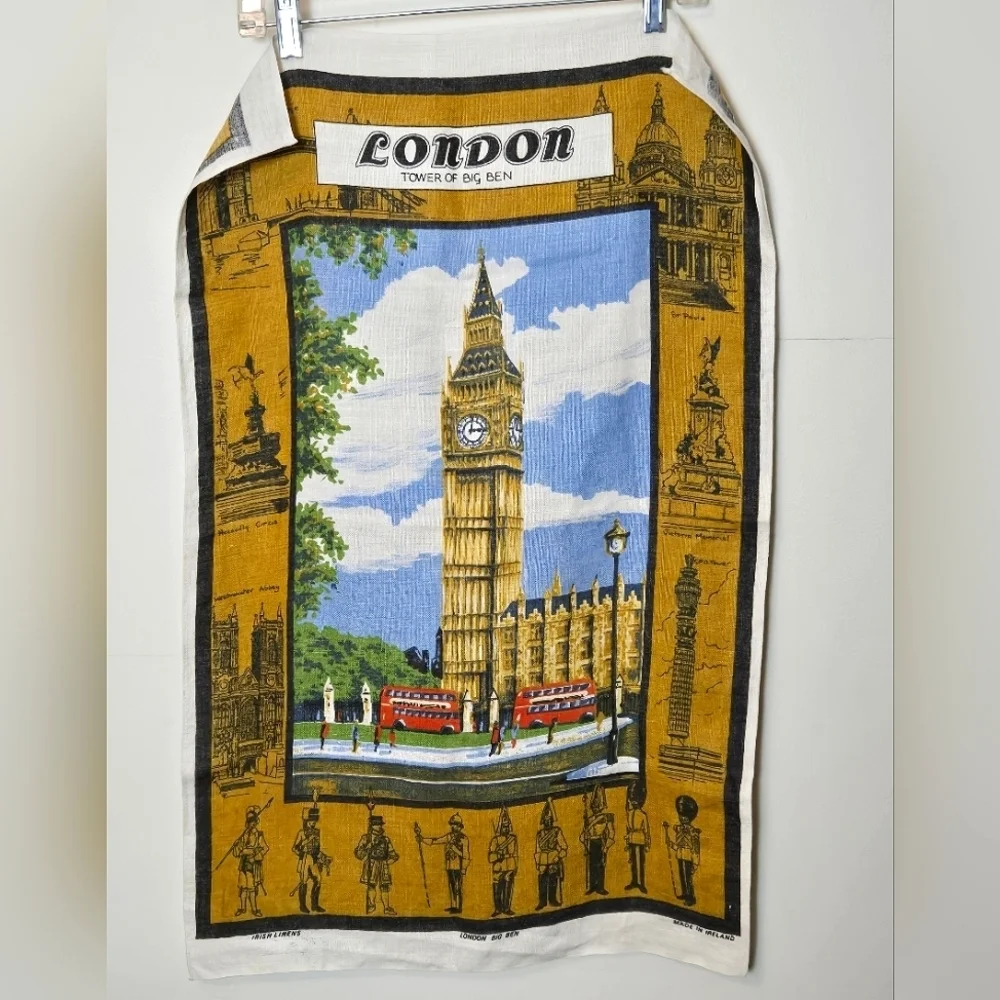 Vintage 70's Made In Ireland London Big Ben Linen Tea‎ Towel